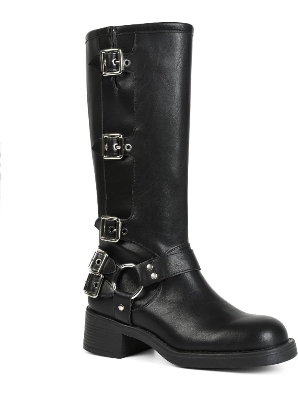 Women's Black Wide Calf Riding Fashion Buckles Chunky Metallic Knee High Boot